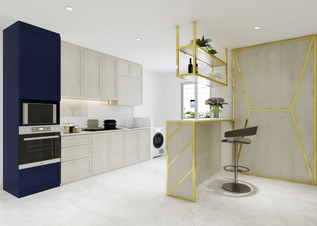 condo kitchen with white cabinets